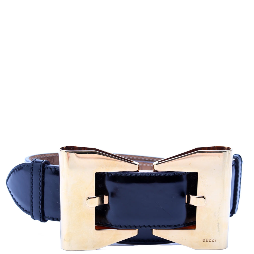 186120 Oversized Metal Bow Brushed Leather Belt Size 80/32 Black/Gold