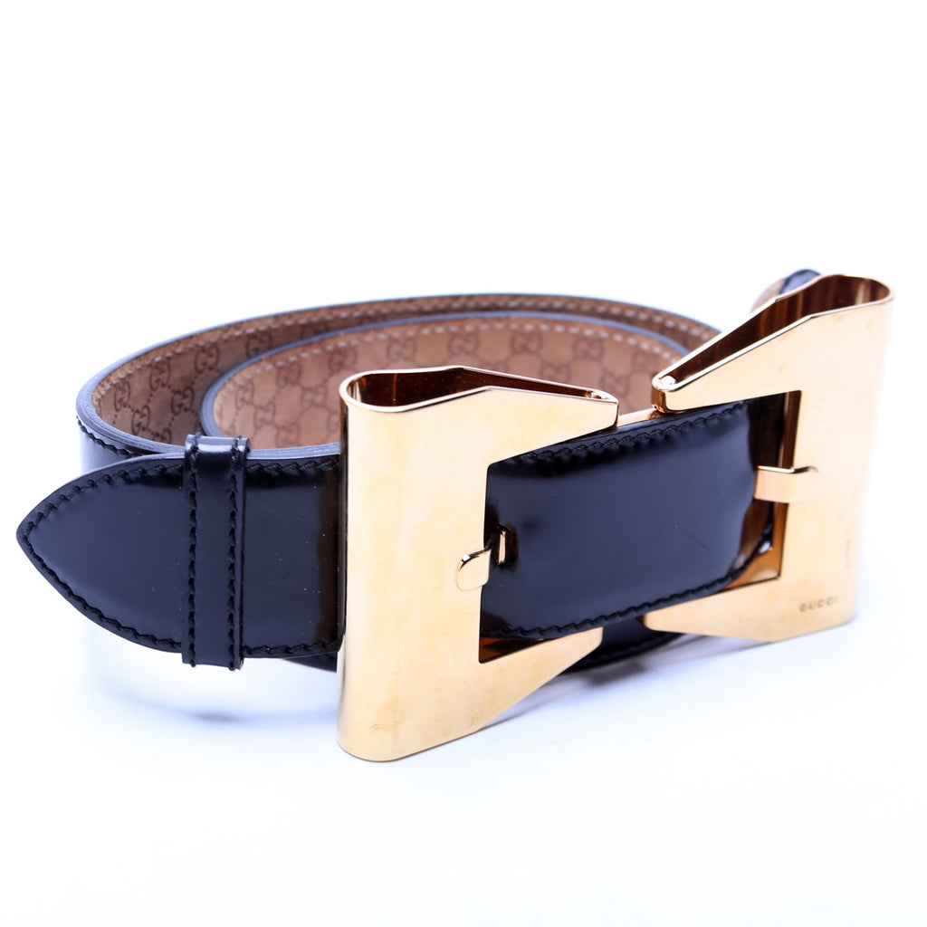 186120 Oversized Metal Bow Brushed Leather Belt Size 80/32 Black/Gold