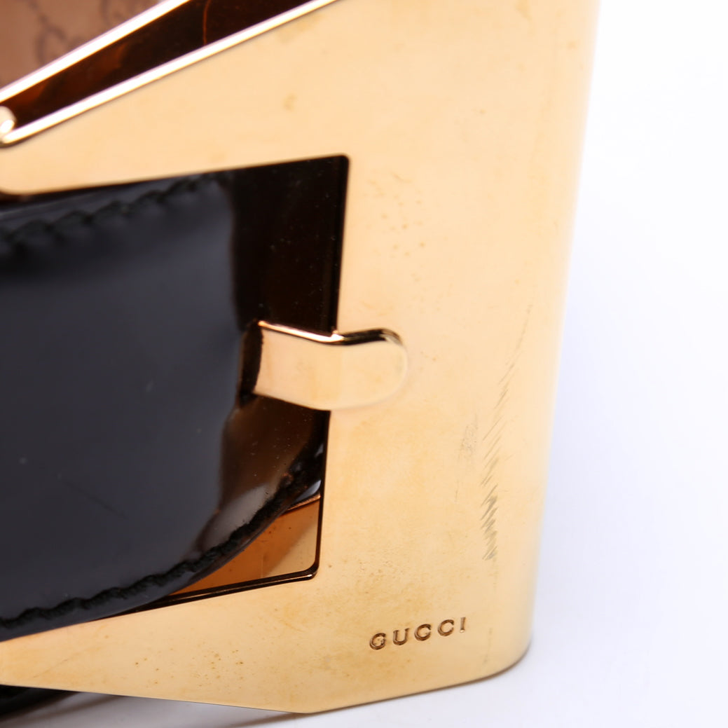 186120 Oversized Metal Bow Brushed Leather Belt Size 80/32 Black/Gold