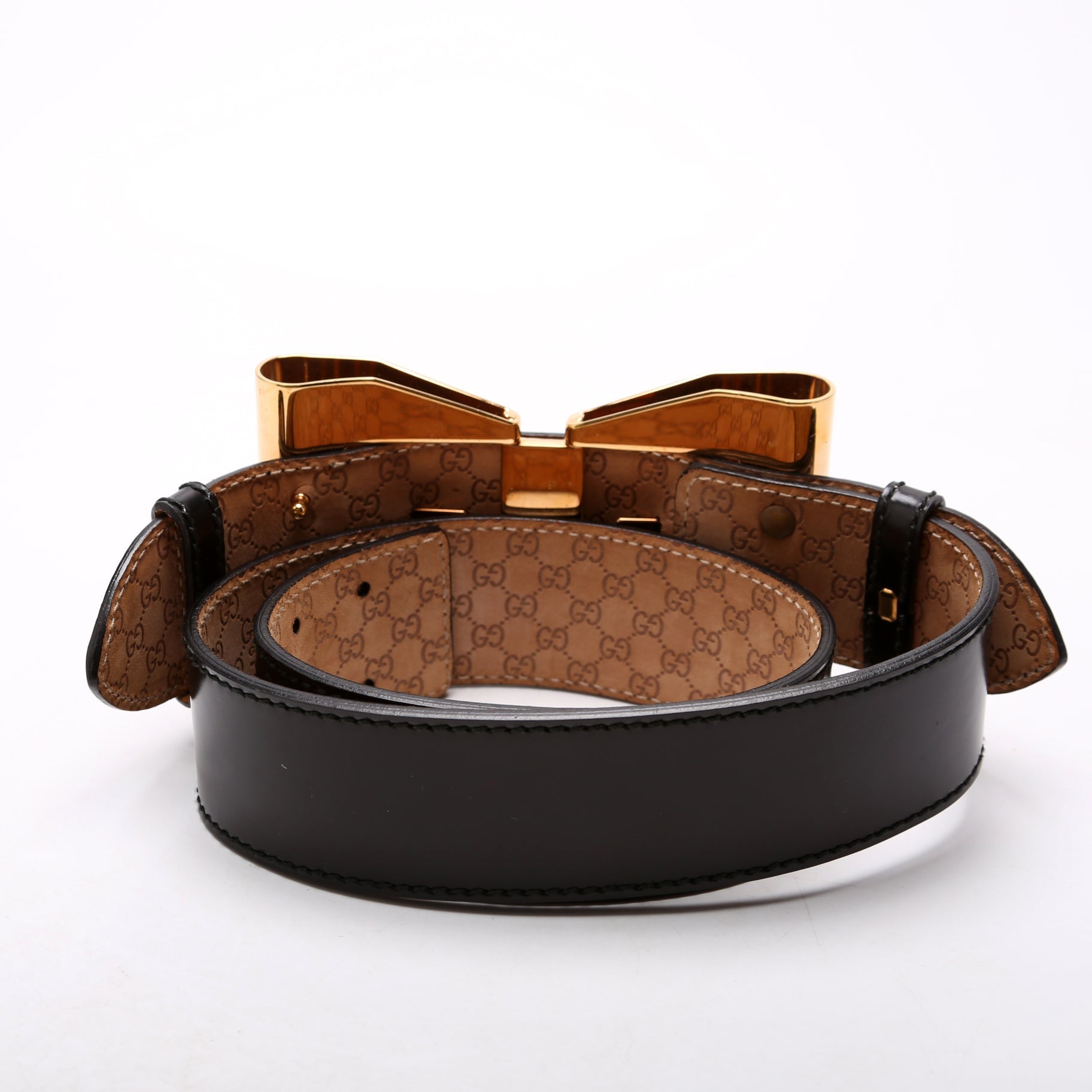 186120 Oversized Metal Bow Brushed Leather Belt Size 80/32 Black/Gold