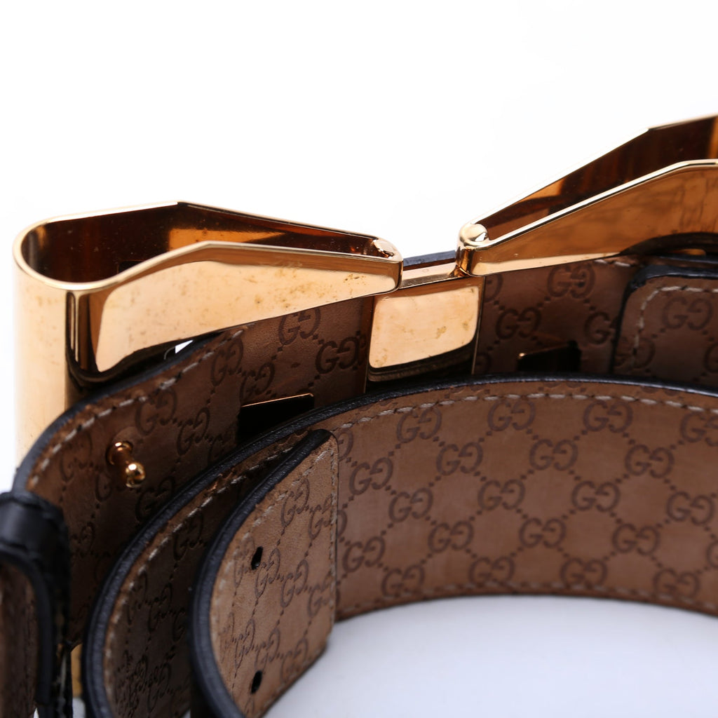 186120 Oversized Metal Bow Brushed Leather Belt Size 80/32 Black/Gold