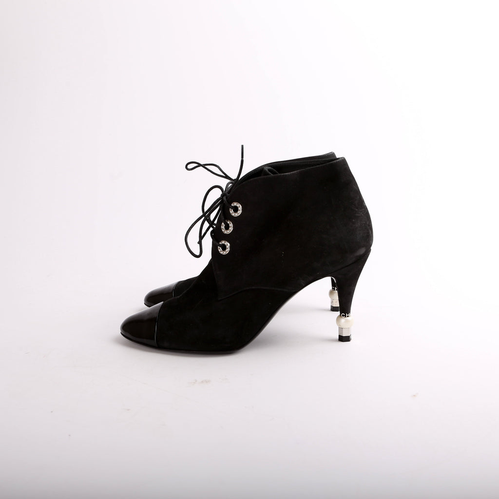 Suede Pearl Lace-Up Booties Size 37