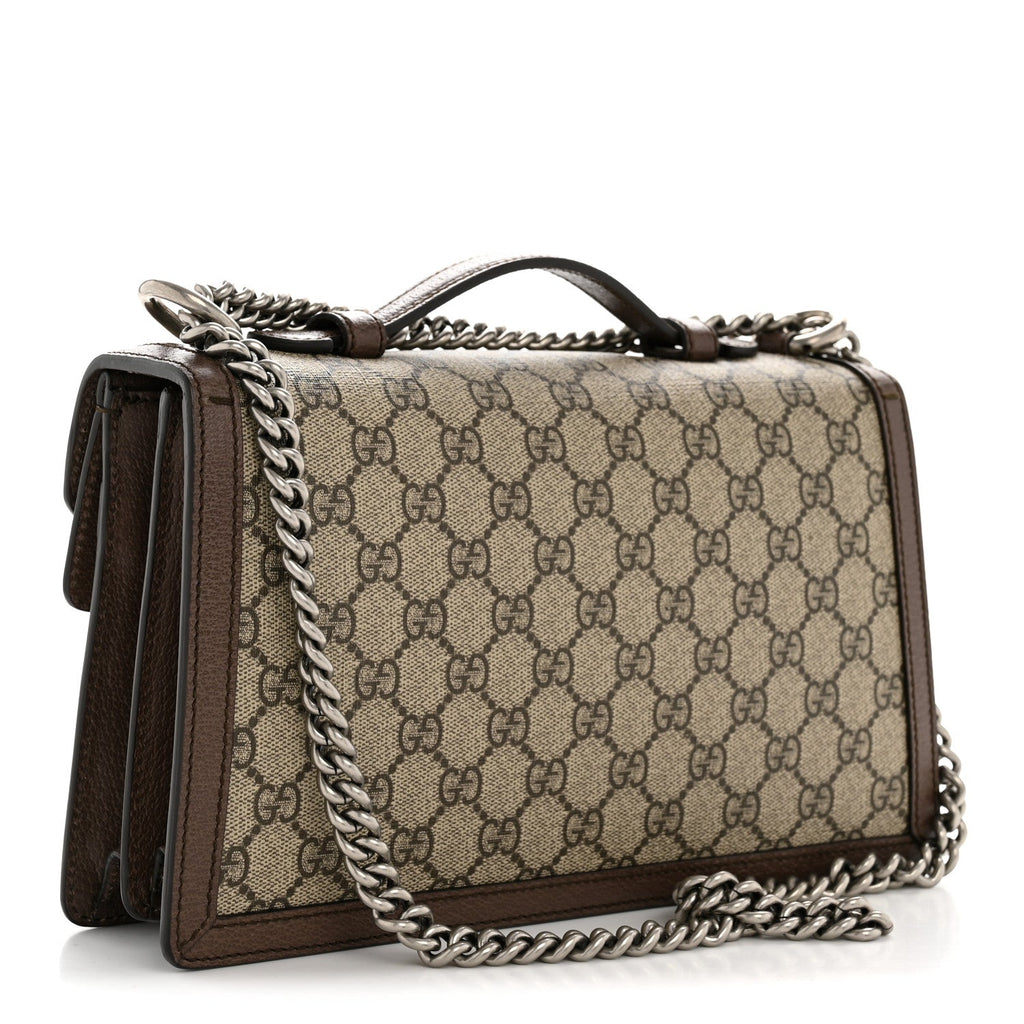 Gucci GG Supreme Monogram Textured Dollar Calfskin Top Handle Dionysus Shoulder Bag Beige Ebony New Acero