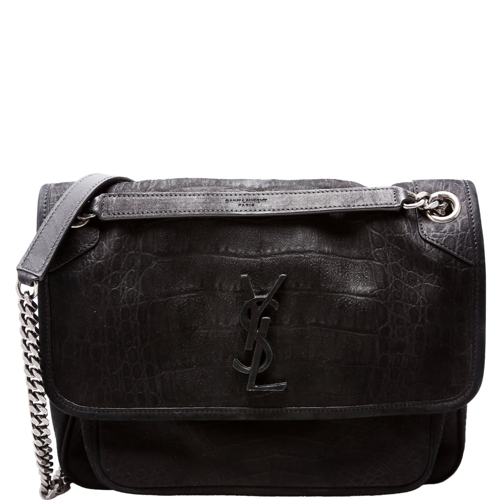 Crocodile Embossed Nubuck Niki Medium Satchel Black