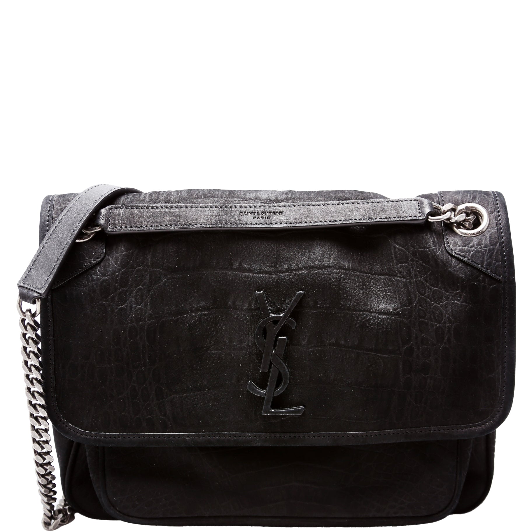 Crocodile Embossed Nubuck Niki Medium Satchel Black