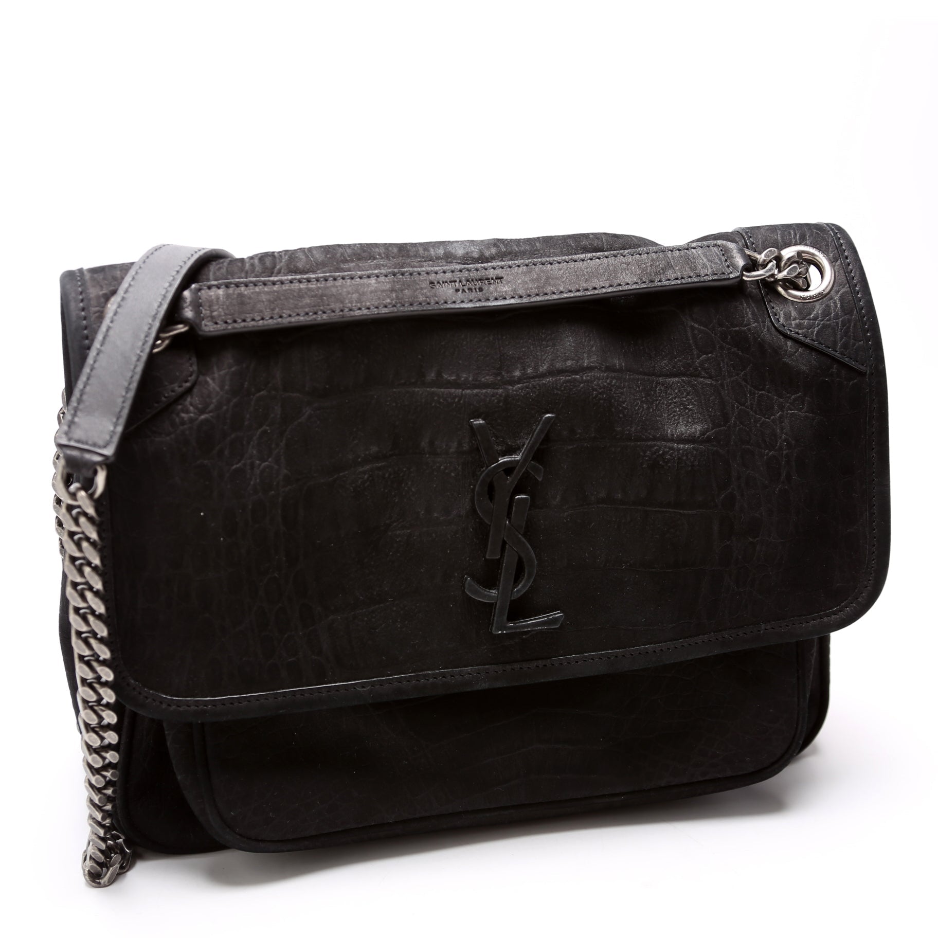 Crocodile Embossed Nubuck Niki Medium Satchel Black
