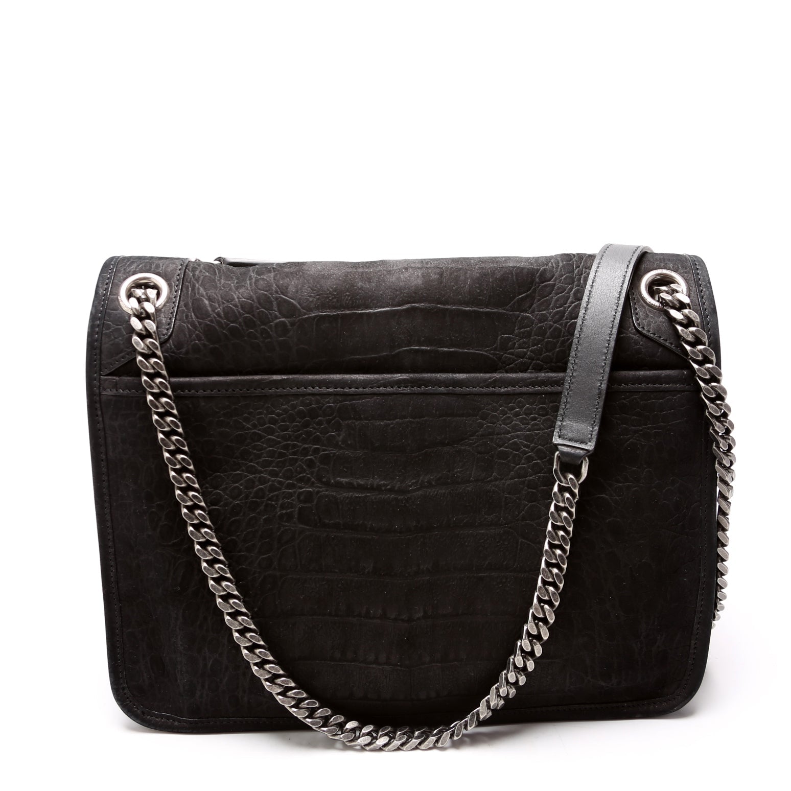Crocodile Embossed Nubuck Niki Medium Satchel Black