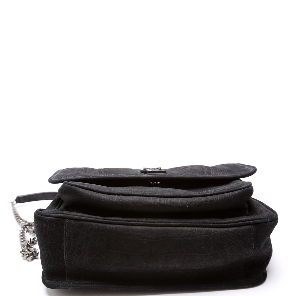 Crocodile Embossed Nubuck Niki Medium Satchel Black
