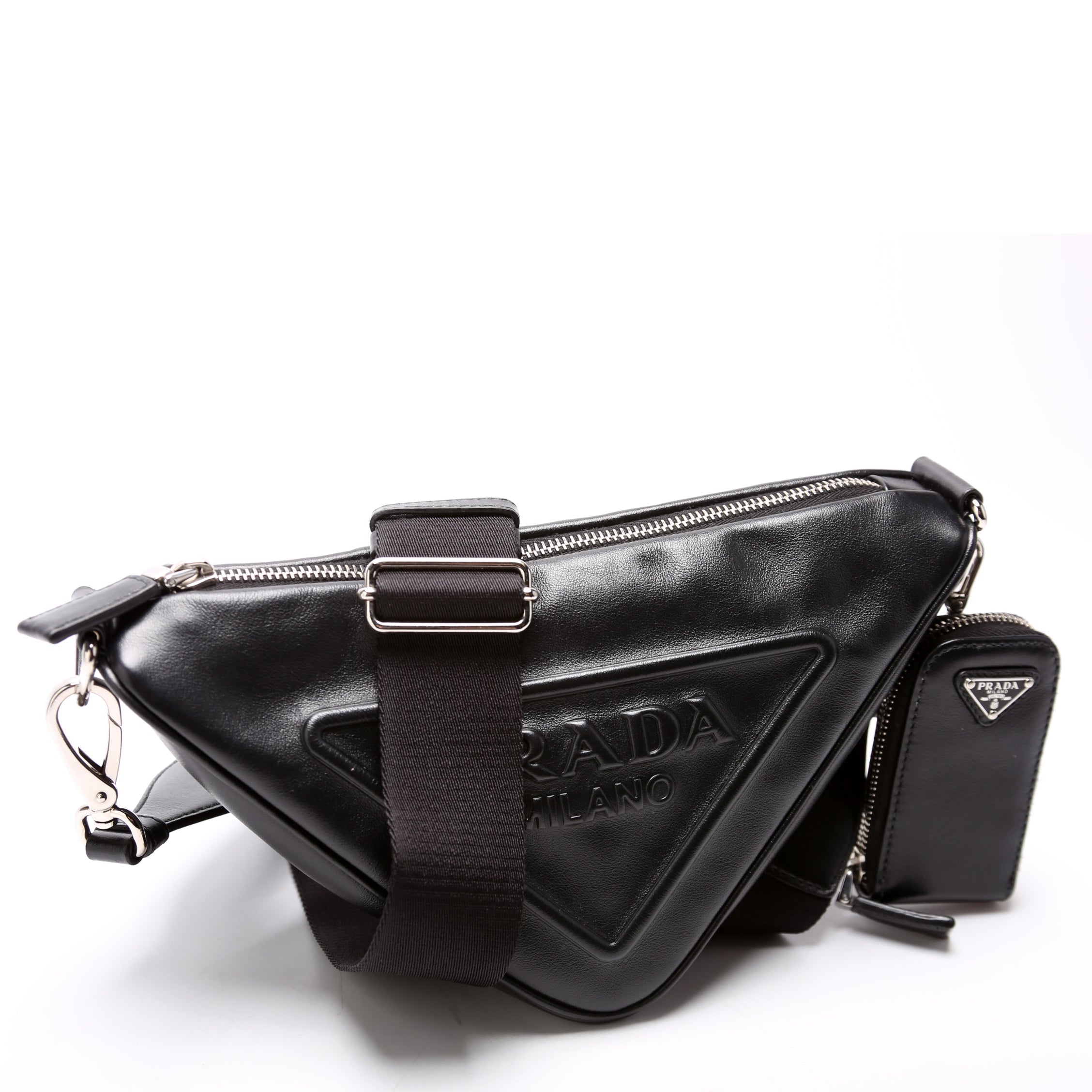 Triangle Logo Leather Shoulder Bag Black