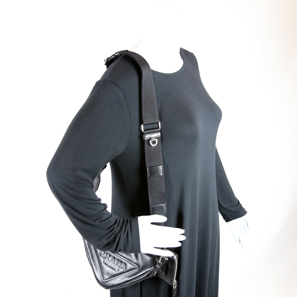 Triangle Logo Leather Shoulder Bag Black
