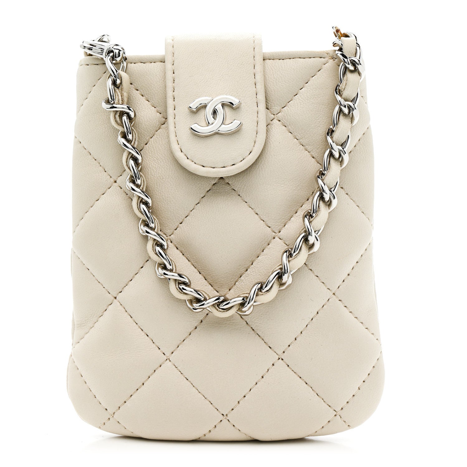 Chanel Lambskin Quilted Phone Holder On Chain White