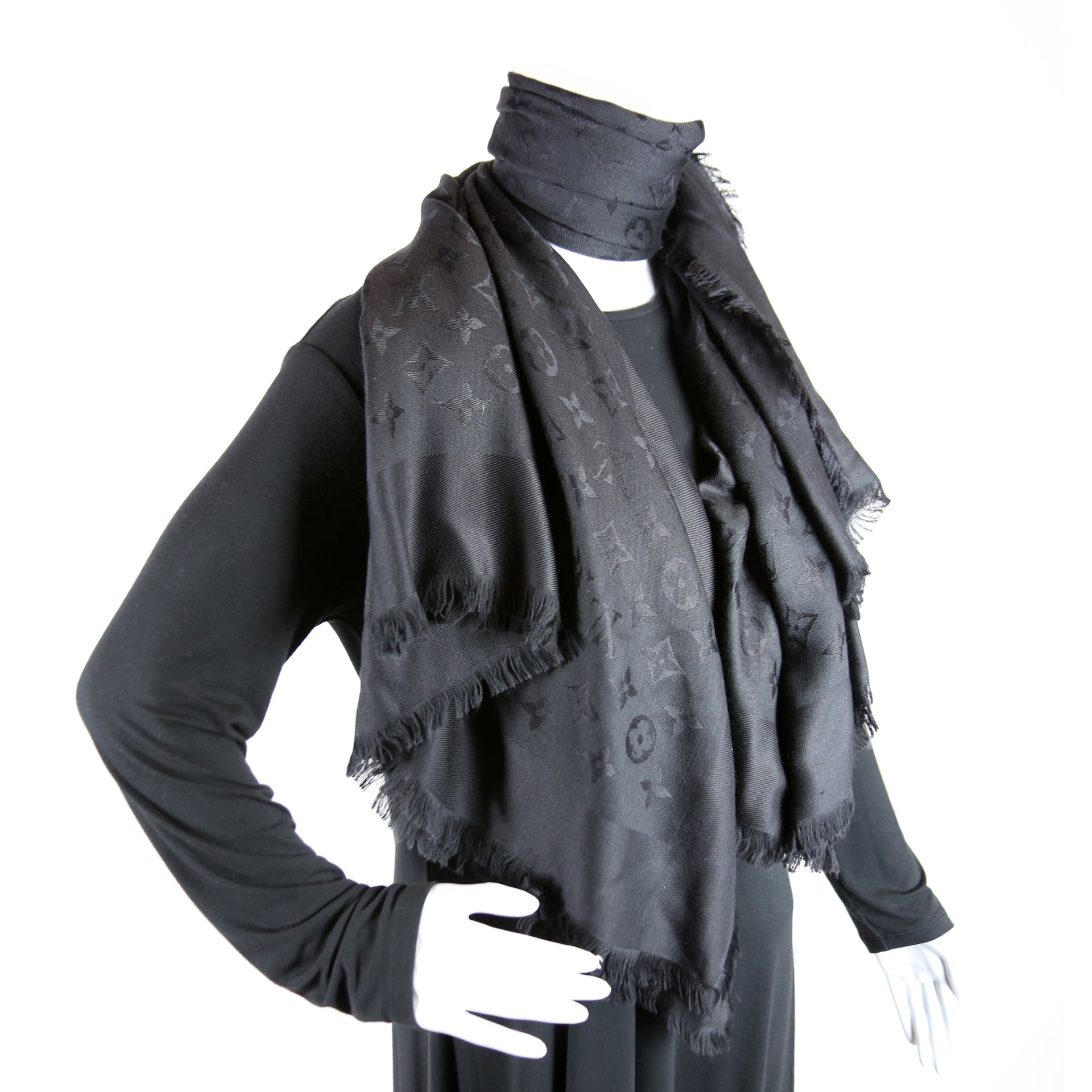 Shawl Monogram Silk/Wool Scarf Black