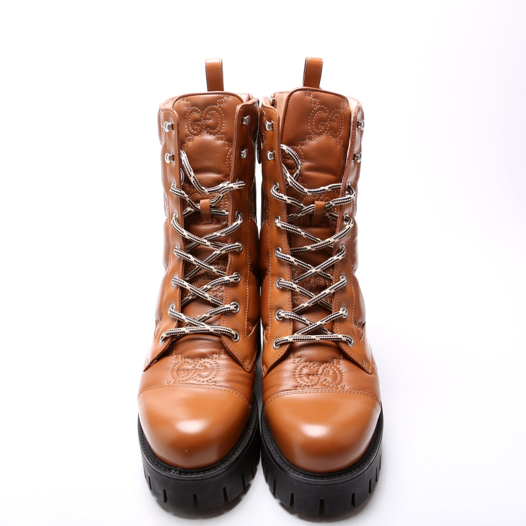 Gucci GG Matelasse Lace Up Boots Size 40.5 Brown