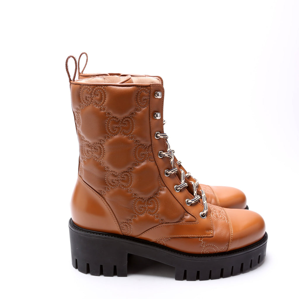 Gucci GG Matelasse Lace Up Boots Size 40.5 Brown