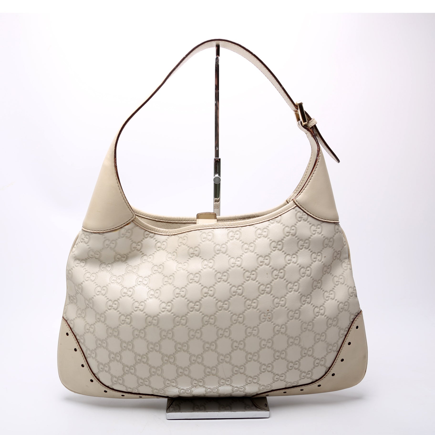 145778 Guccissima Leather Punch Hobo Cream