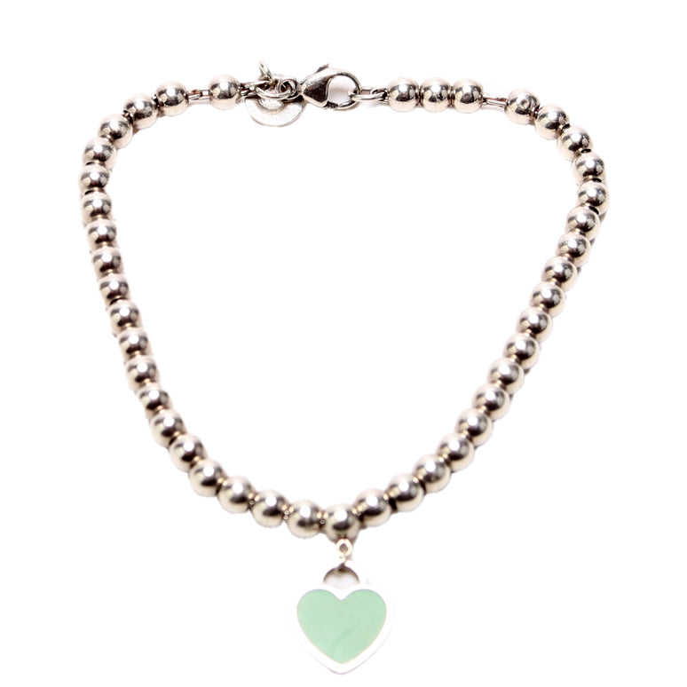 Please Return To Mini Enamel Heart Bead Chain Bracelet 925 Teal