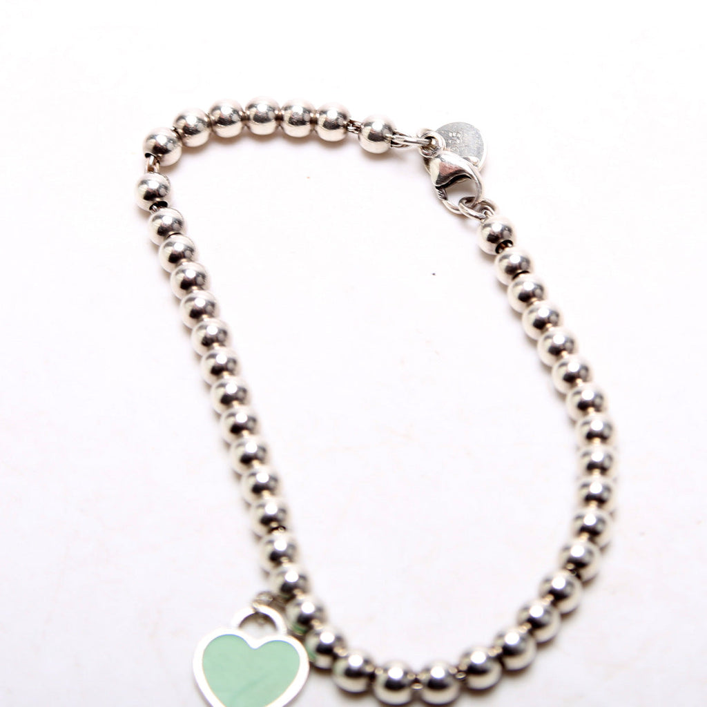 Please Return To Mini Enamel Heart Bead Chain Bracelet 925 Teal