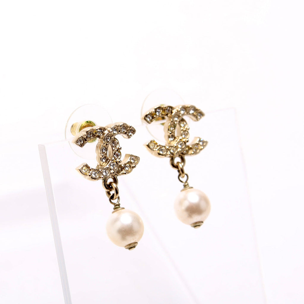 CC Crystal Faux Pearl Drop Earrings Gold