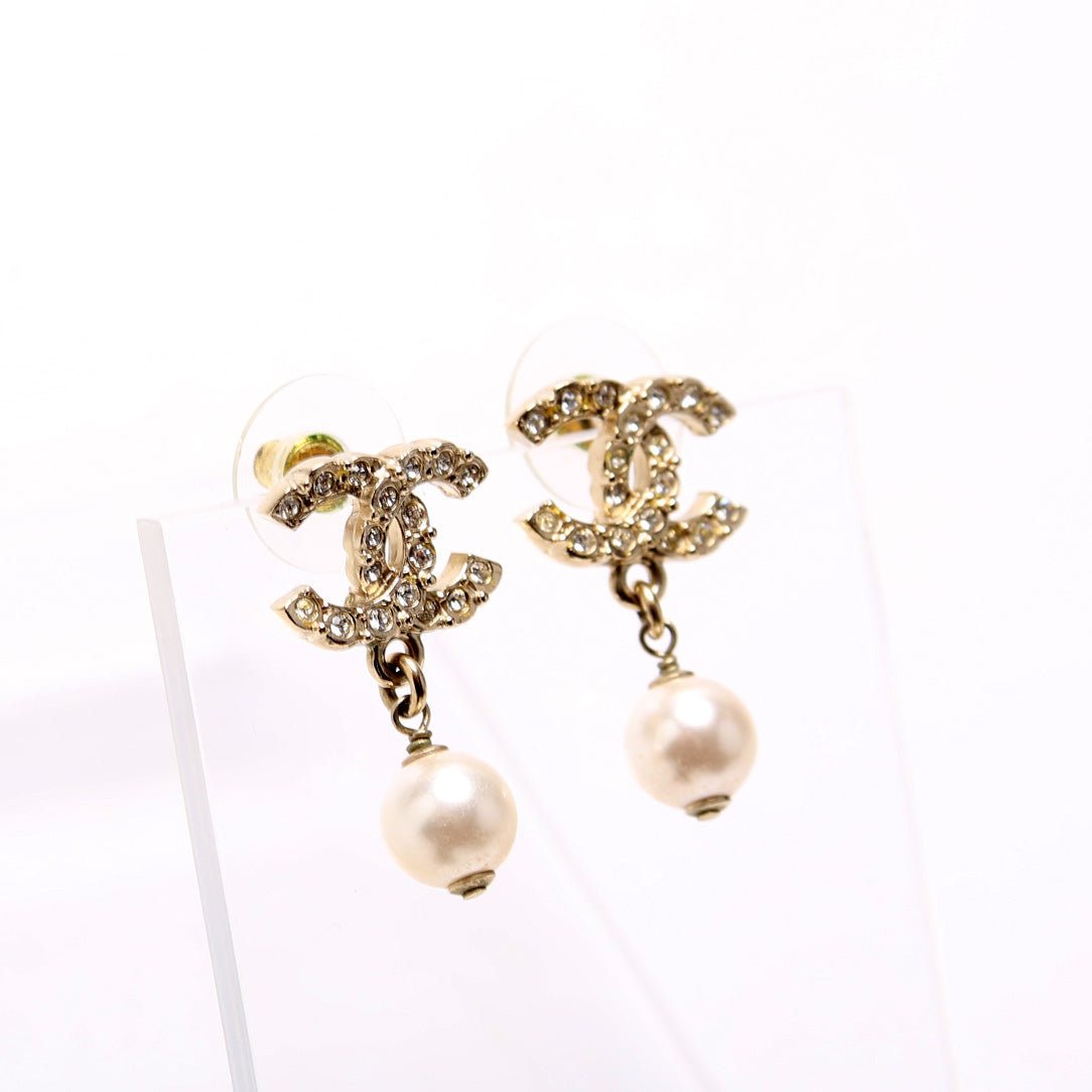 CC Crystal Faux Pearl Drop Earrings Gold