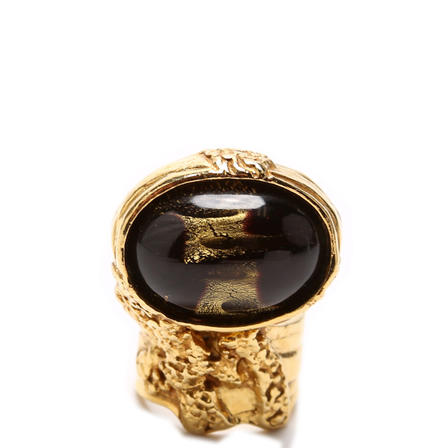 Glass Cabochon Arty Ovales Ring Size 8.5 Vintage Brown/Gold