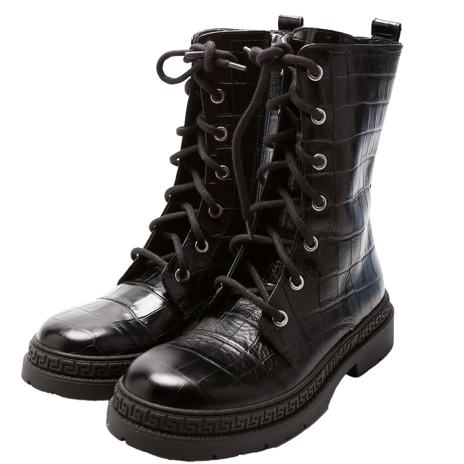 Crocodile Embossed Biker Boots Size 35 Black