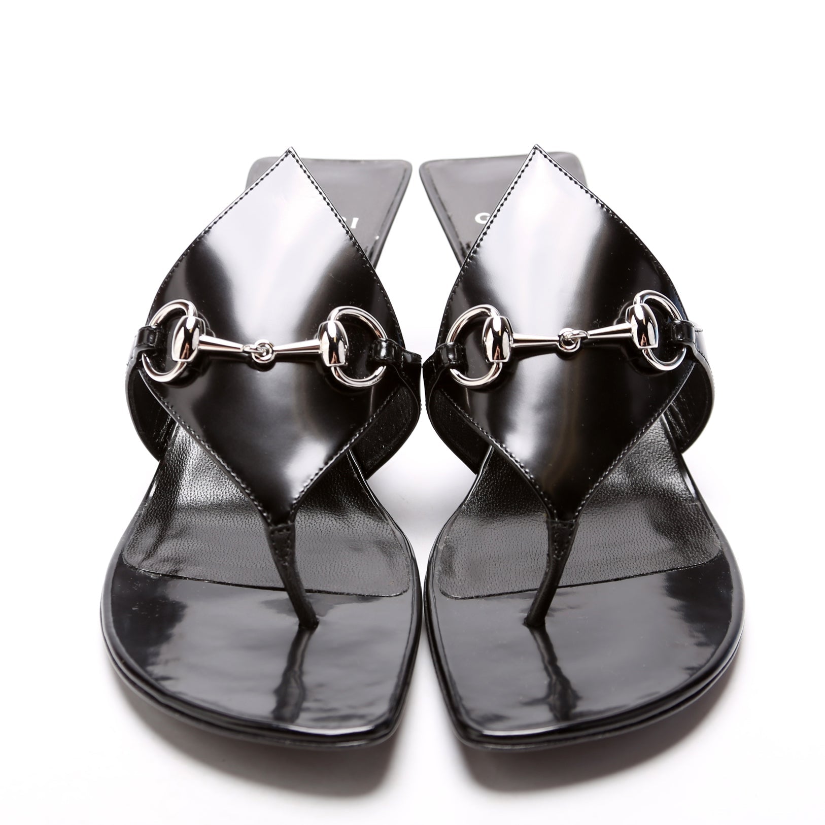 Horsebit Leather Thong Sandal Heels Size 39.5 Black