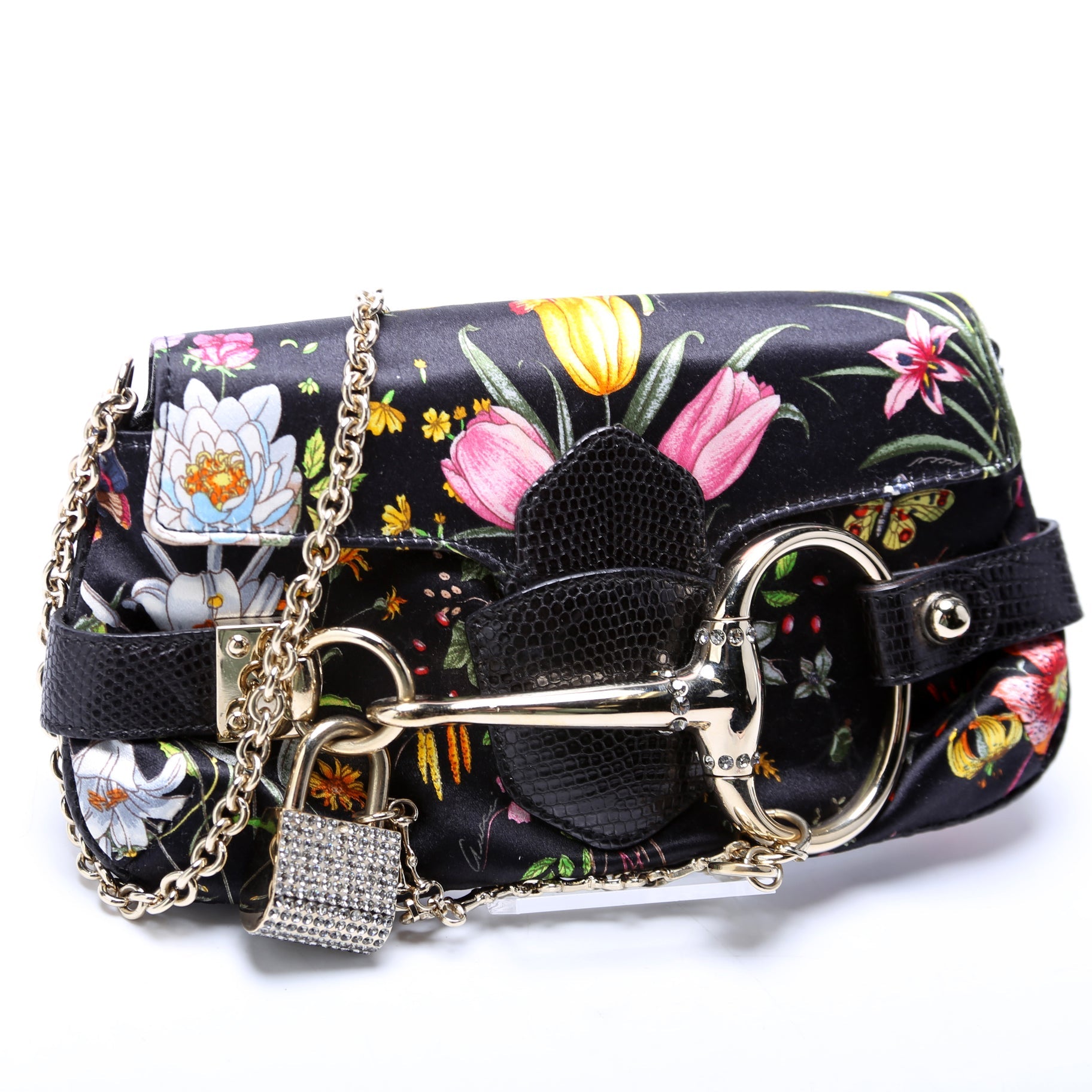 152469 Floral Print Satin/Lizard Horsebit Clutch Mini Vintage Black/Multicolor