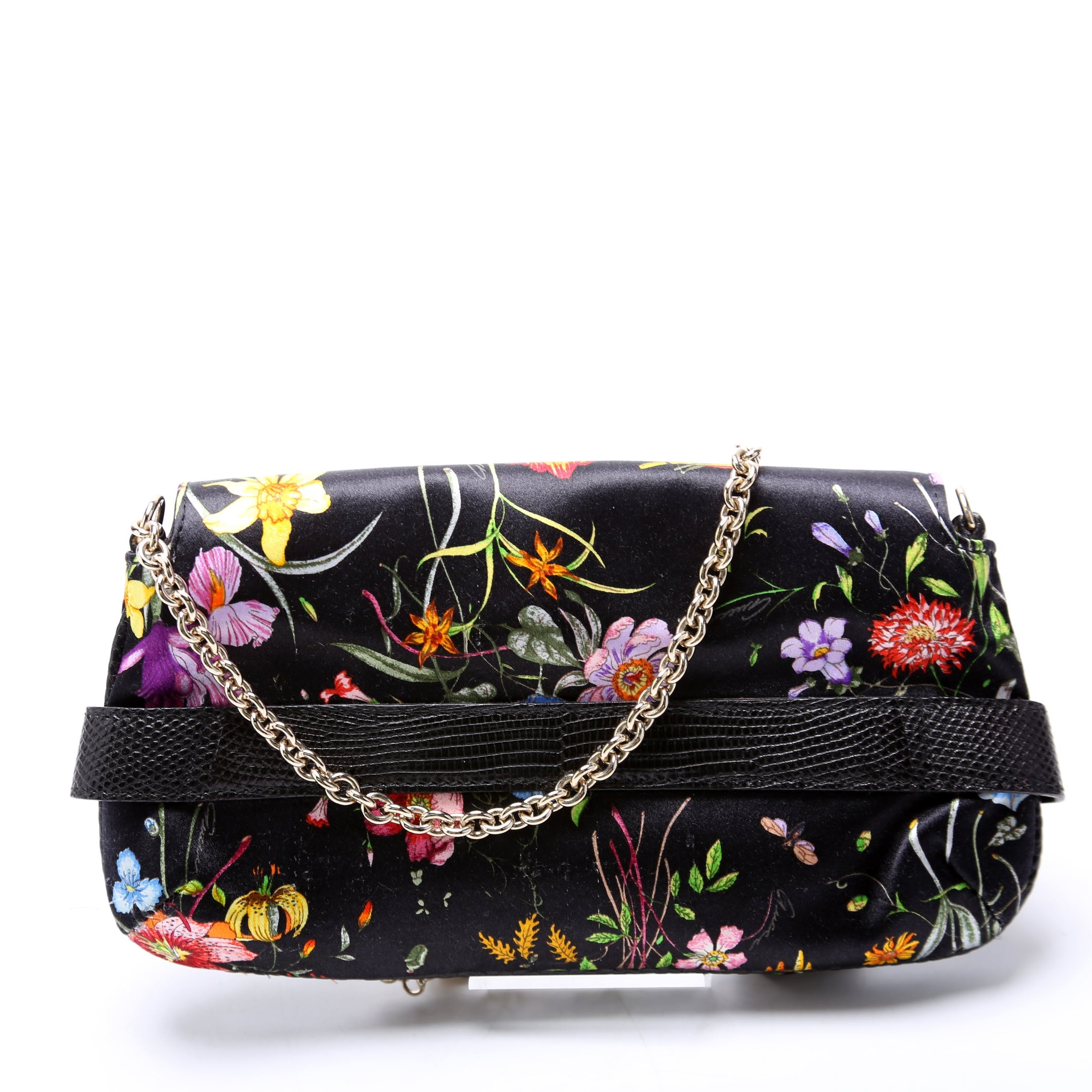 152469 Floral Print Satin/Lizard Horsebit Clutch Mini Vintage Black/Multicolor