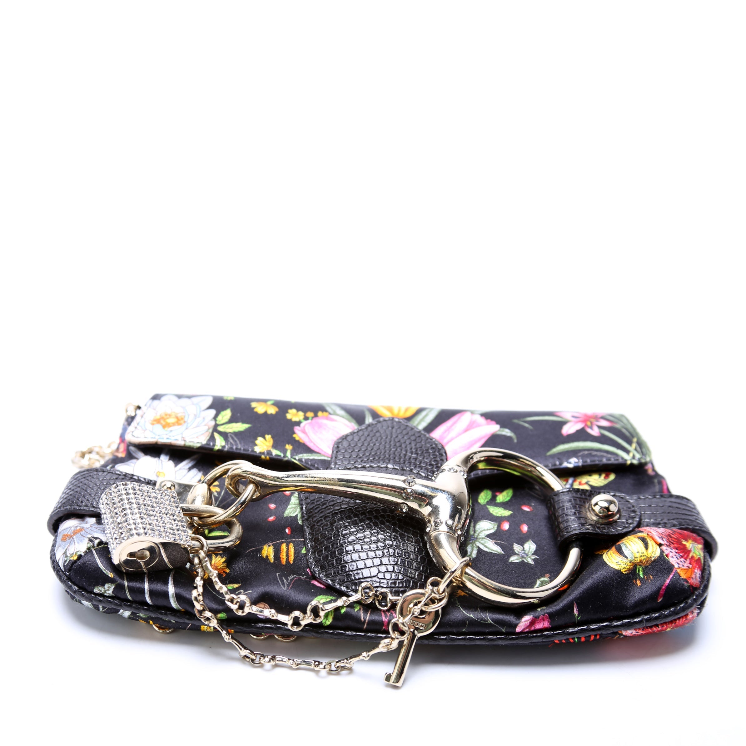 152469 Floral Print Satin/Lizard Horsebit Clutch Mini Vintage Black/Multicolor