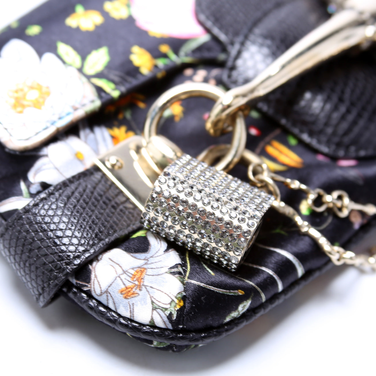 152469 Floral Print Satin/Lizard Horsebit Clutch Mini Vintage Black/Multicolor