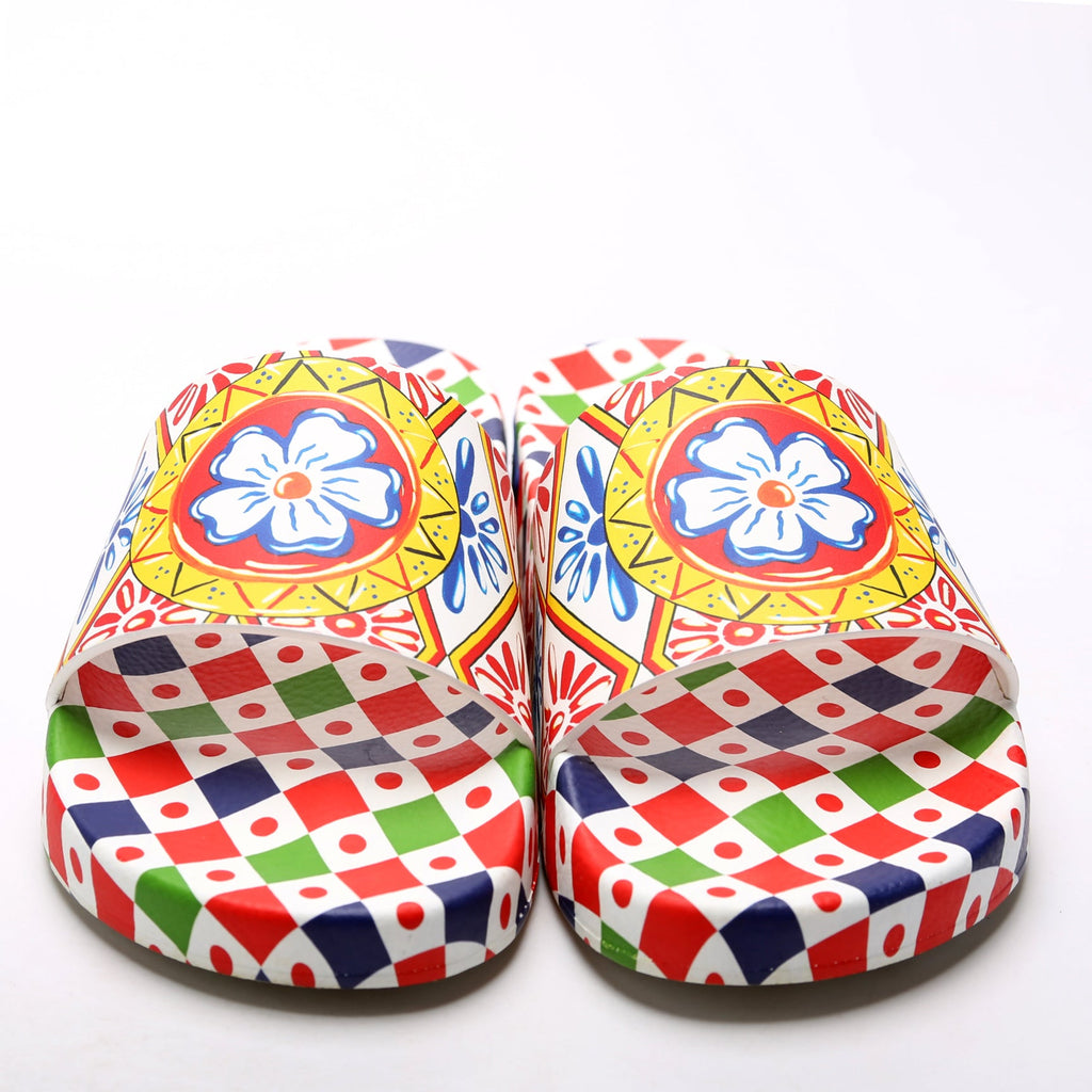 Tile Printed Rubber Slides Size 39 Multicolor