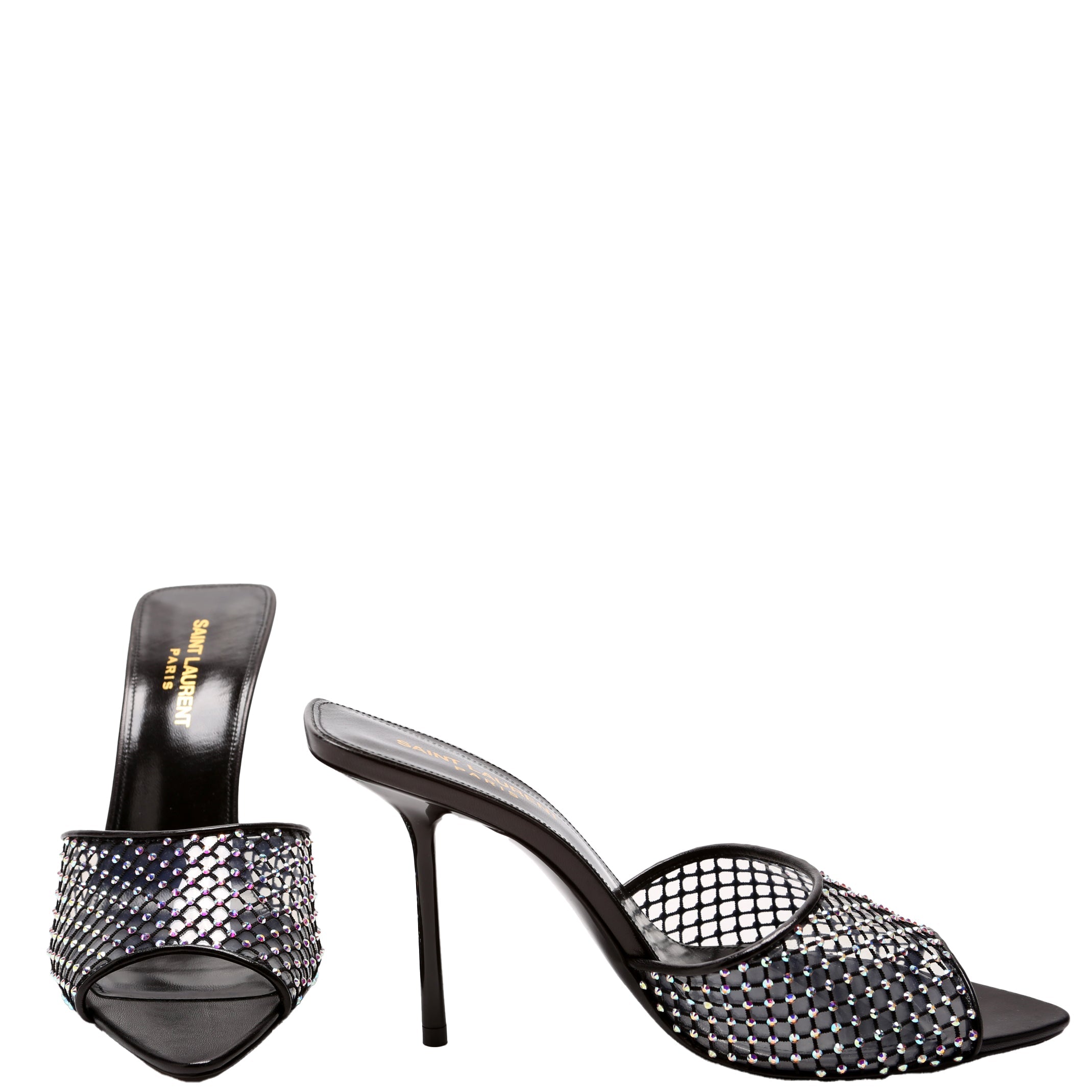 SAINT LAURENT Giqua 95 Strass Mesh Mules Size 38 Black