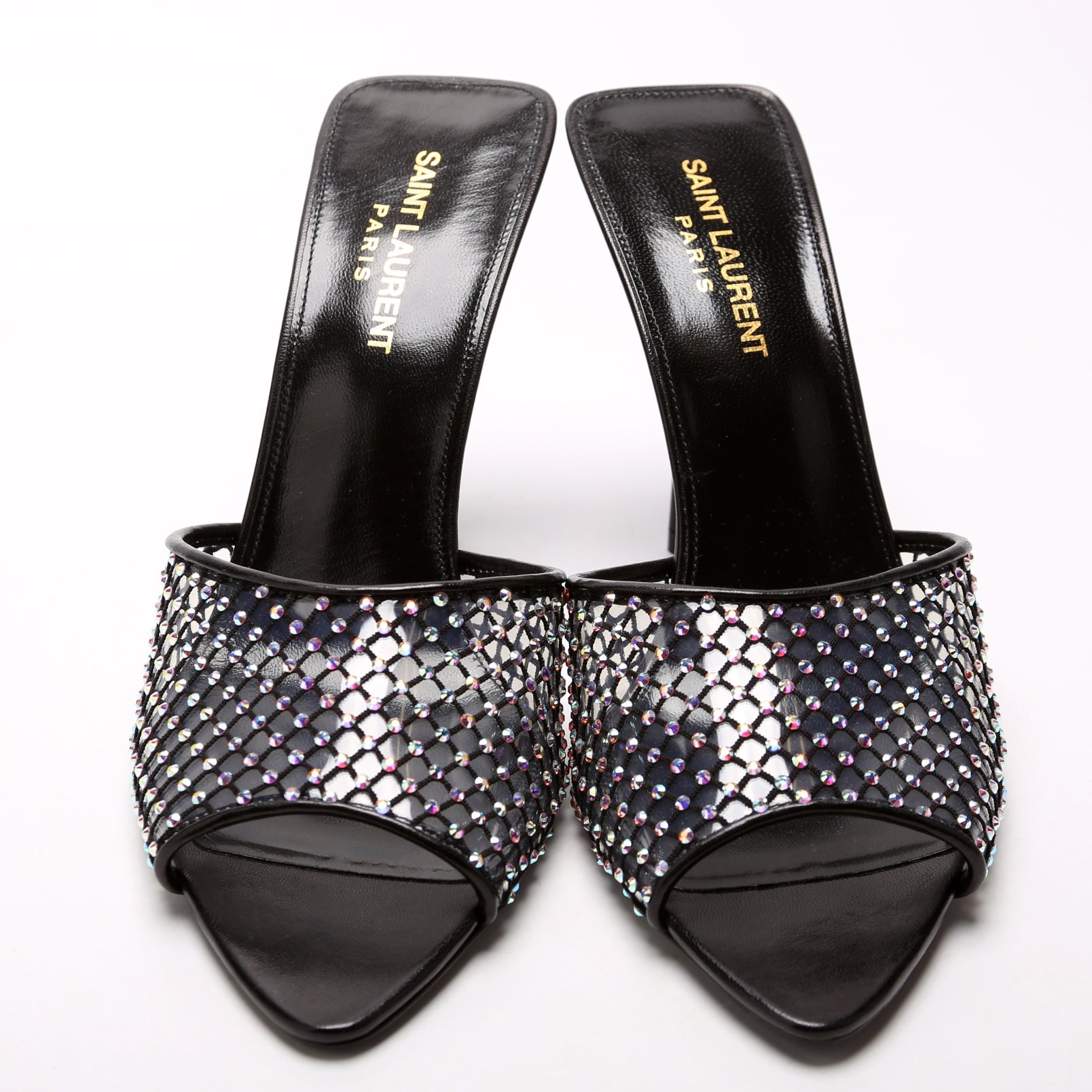 SAINT LAURENT Giqua 95 Strass Mesh Mules Size 38 Black