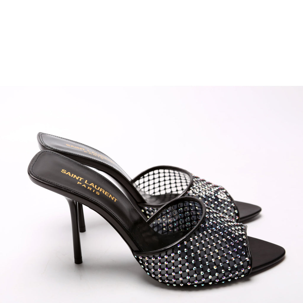 SAINT LAURENT Giqua 95 Strass Mesh Mules Size 38 Black