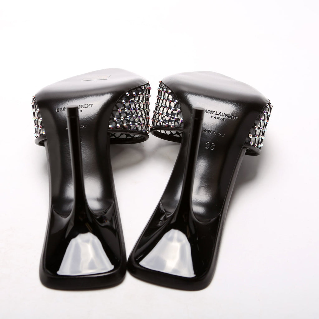 SAINT LAURENT Giqua 95 Strass Mesh Mules Size 38 Black