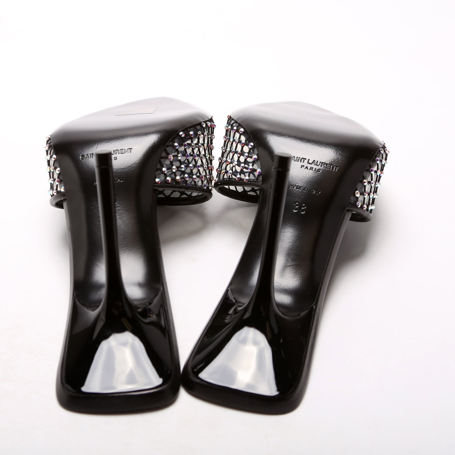 SAINT LAURENT Giqua 95 Strass Mesh Mules Size 38 Black