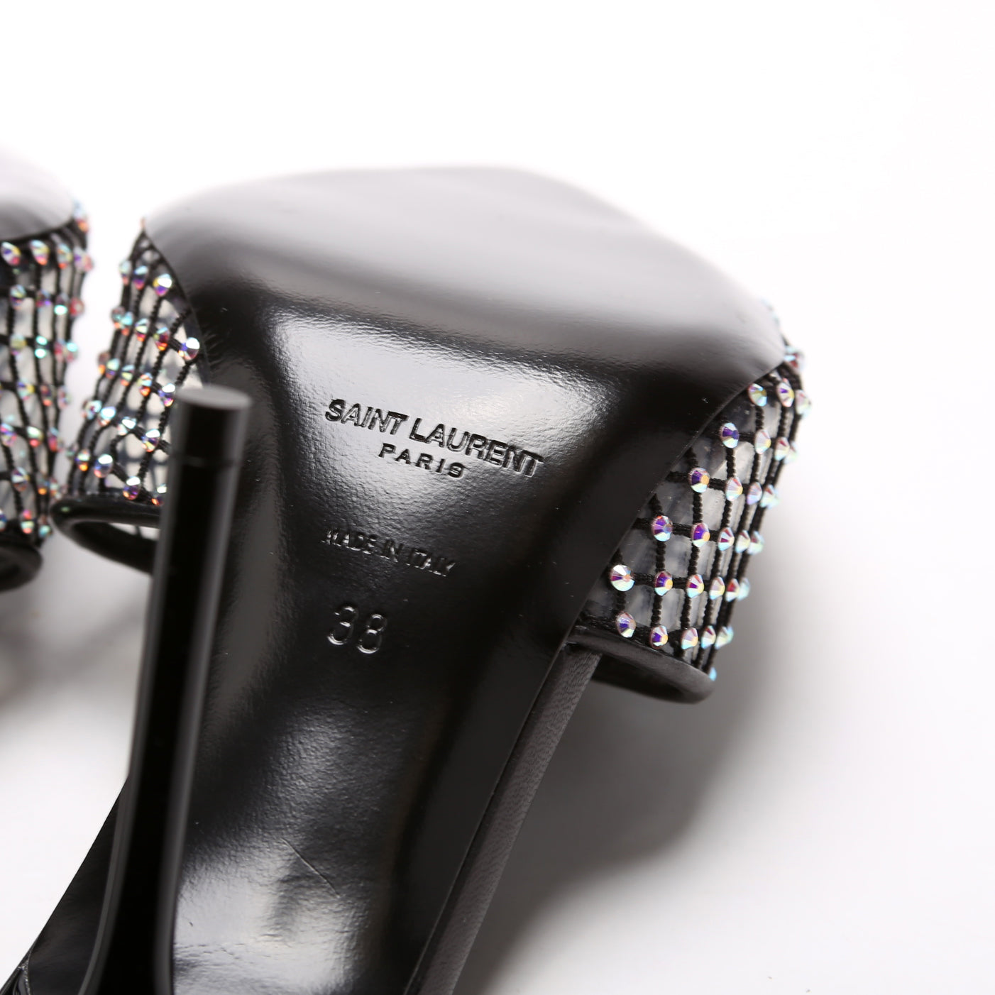 SAINT LAURENT Giqua 95 Strass Mesh Mules Size 38 Black
