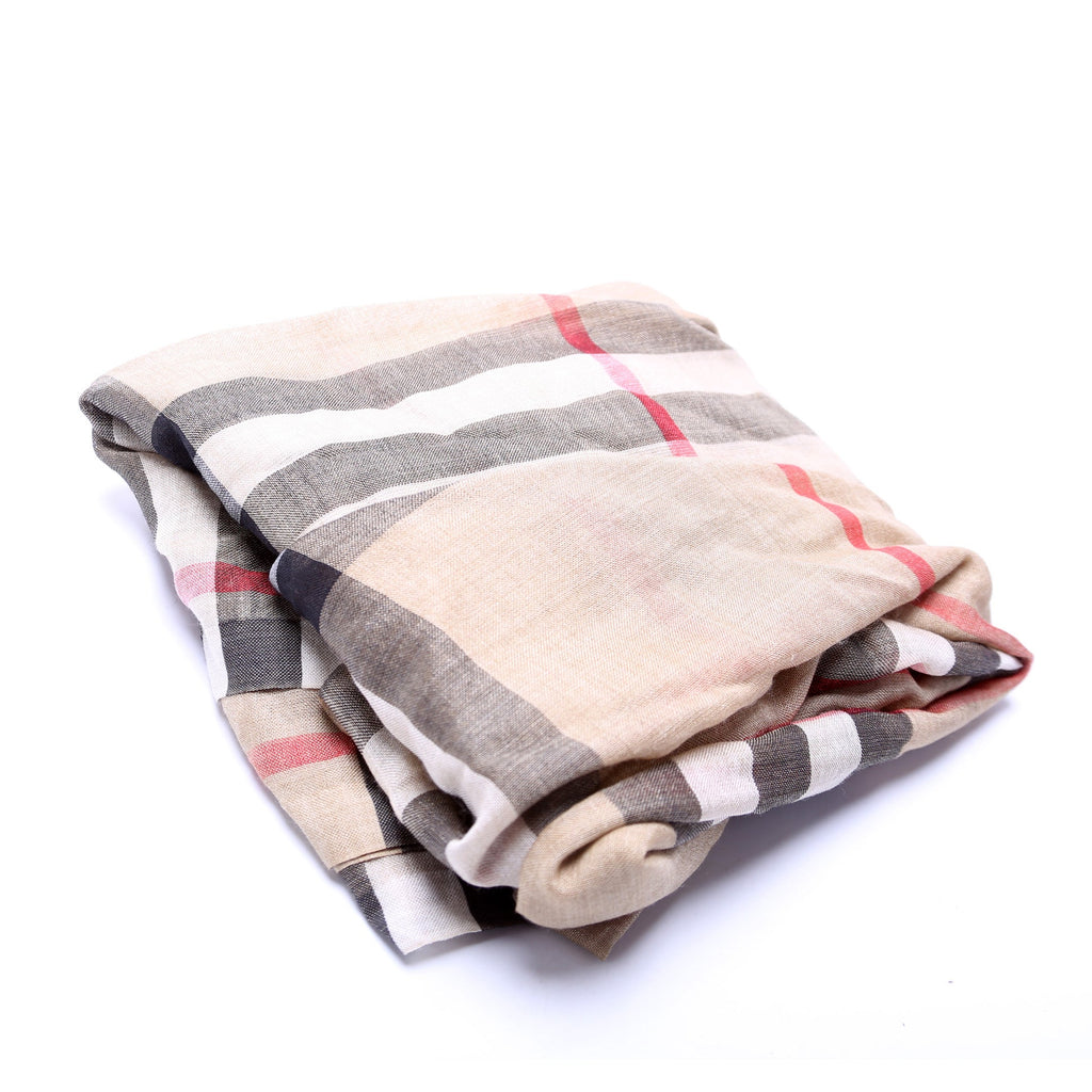 Giant Check Lightweight Wool/Silk Scarf Tan