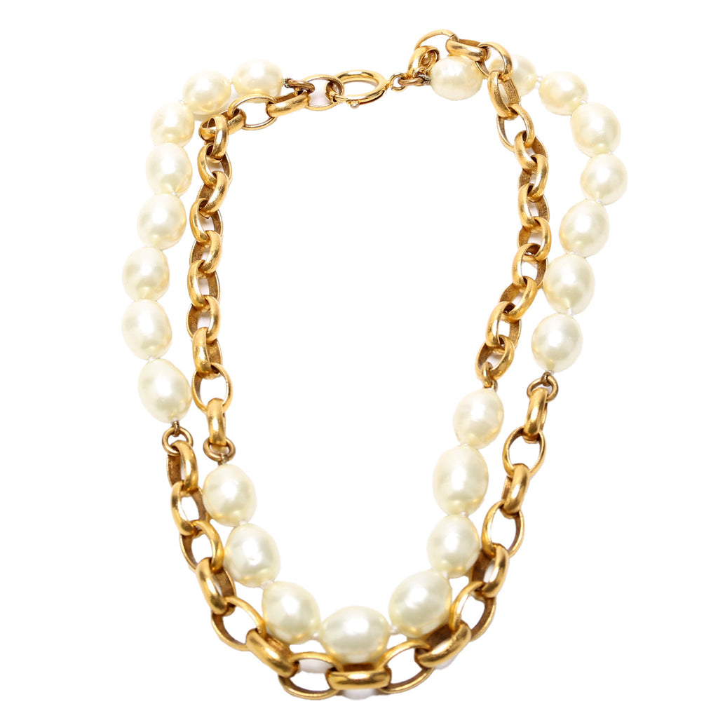 Faux Pearl/Chain 2-Row Vintage Necklace Gold/Pearl