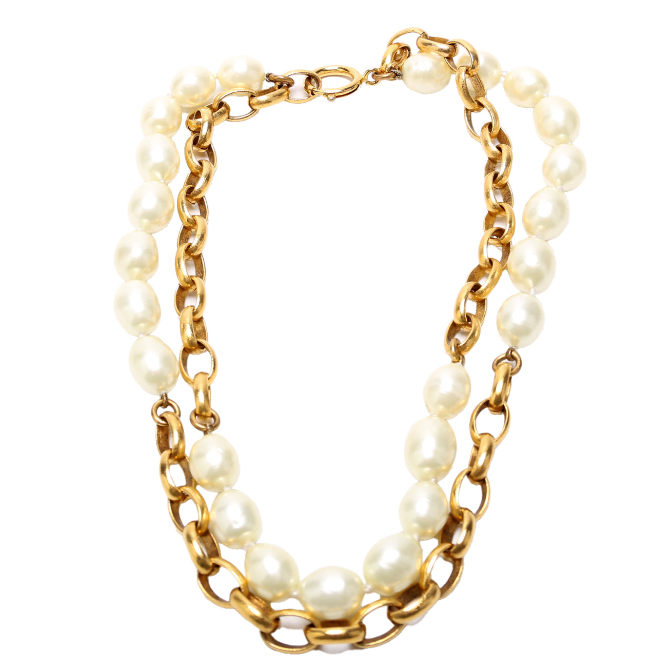 Faux Pearl/Chain 2-Row Vintage Necklace Gold/Pearl
