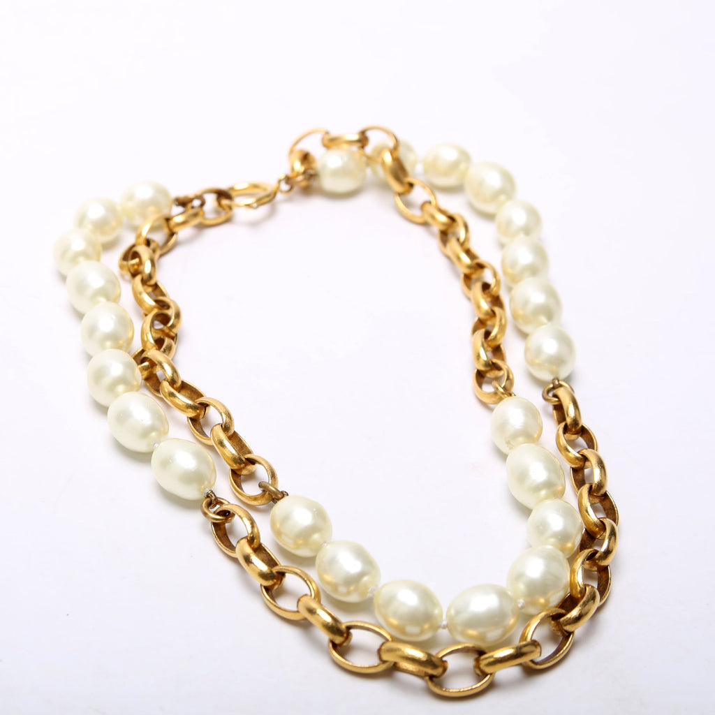 Faux Pearl/Chain 2-Row Vintage Necklace Gold/Pearl