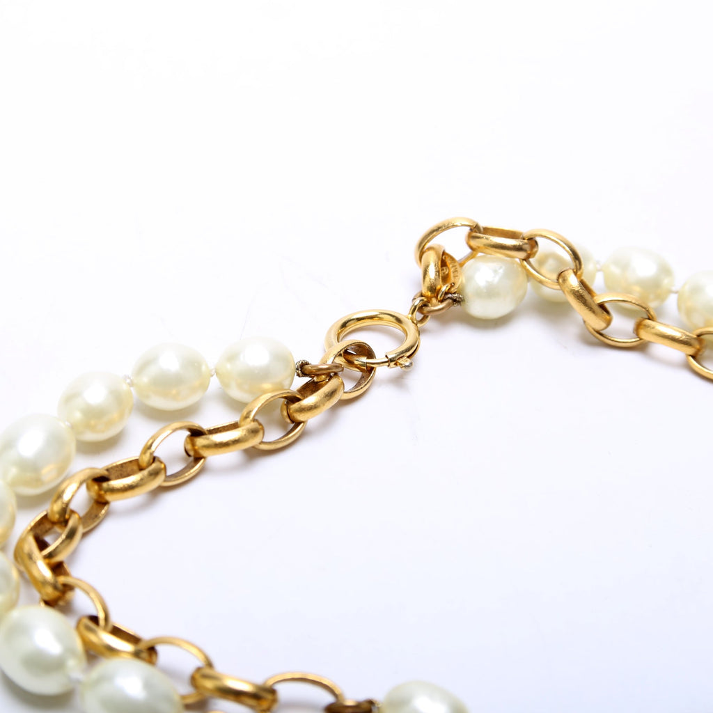 Faux Pearl/Chain 2-Row Vintage Necklace Gold/Pearl