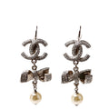 Crystal CC Ribbon Drop Earrings Silver/Pearl