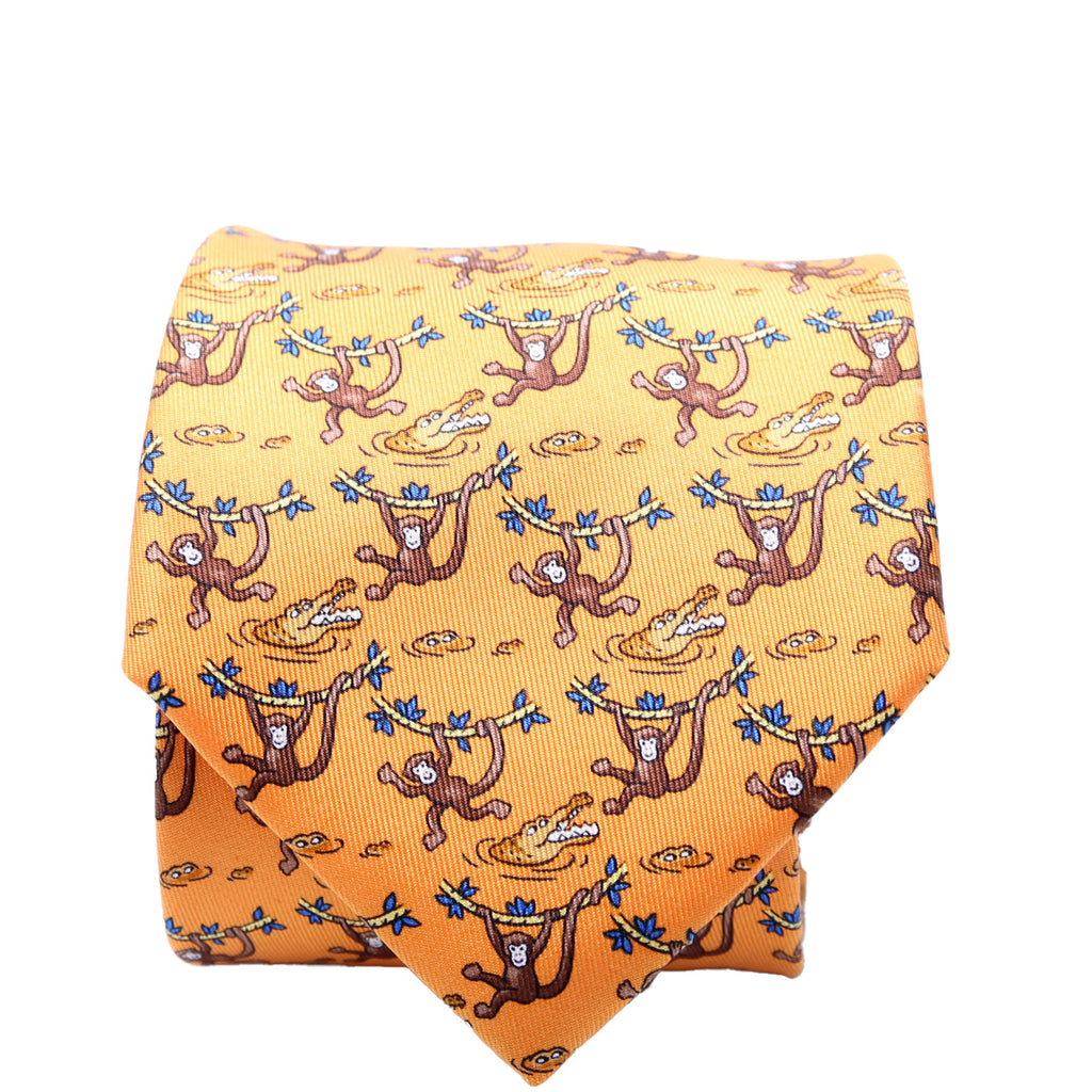 Monkey/Crocodile Print Silk Tie Orange/Multicolor