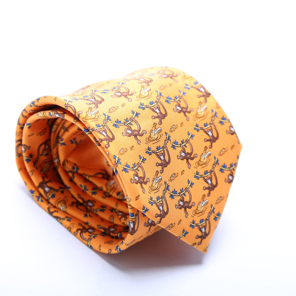 Monkey/Crocodile Print Silk Tie Orange/Multicolor
