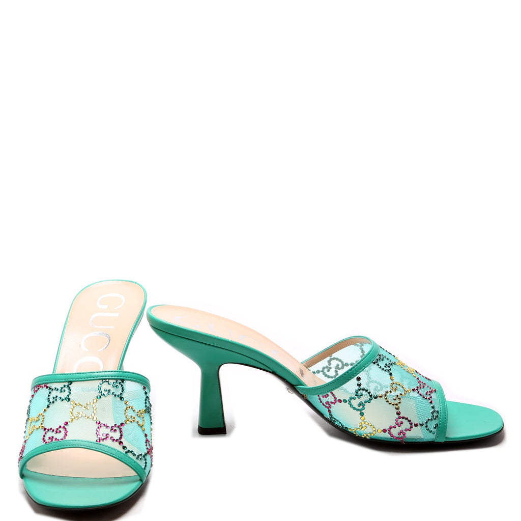 GG Crystal Embellished Sandal Heels Size 39.5 Teal