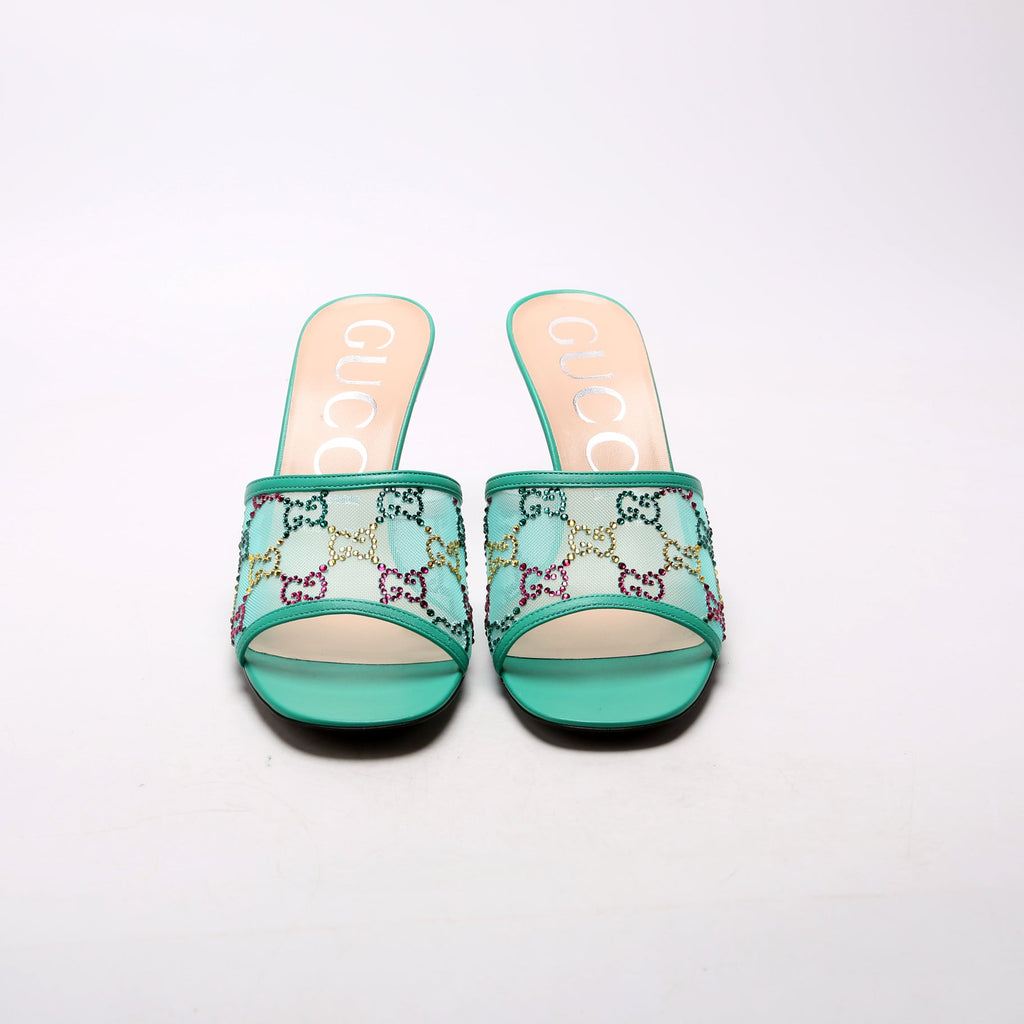 GG Crystal Embellished Sandal Heels Size 39.5 Teal