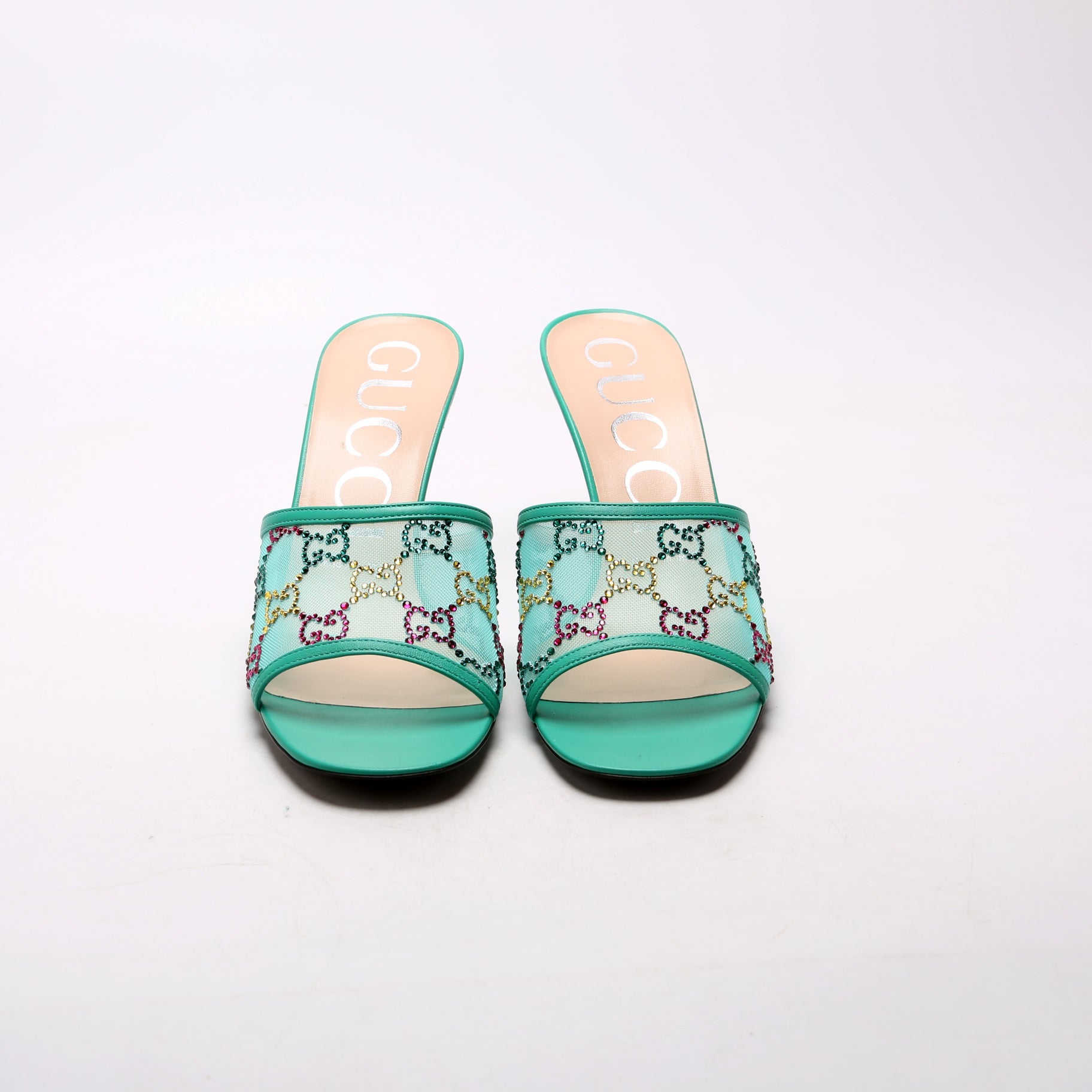 GG Crystal Embellished Sandal Heels Size 39.5 Teal
