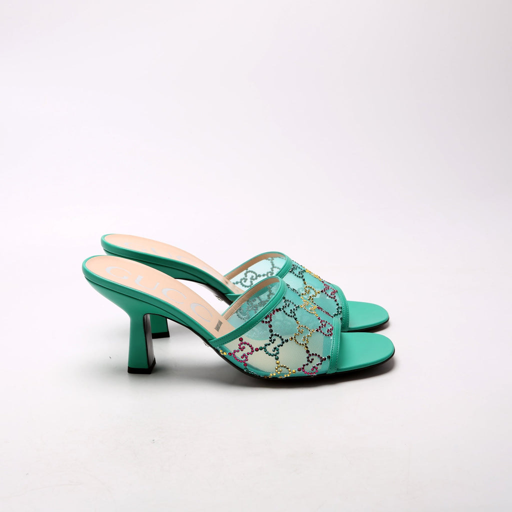 GG Crystal Embellished Sandal Heels Size 39.5 Teal