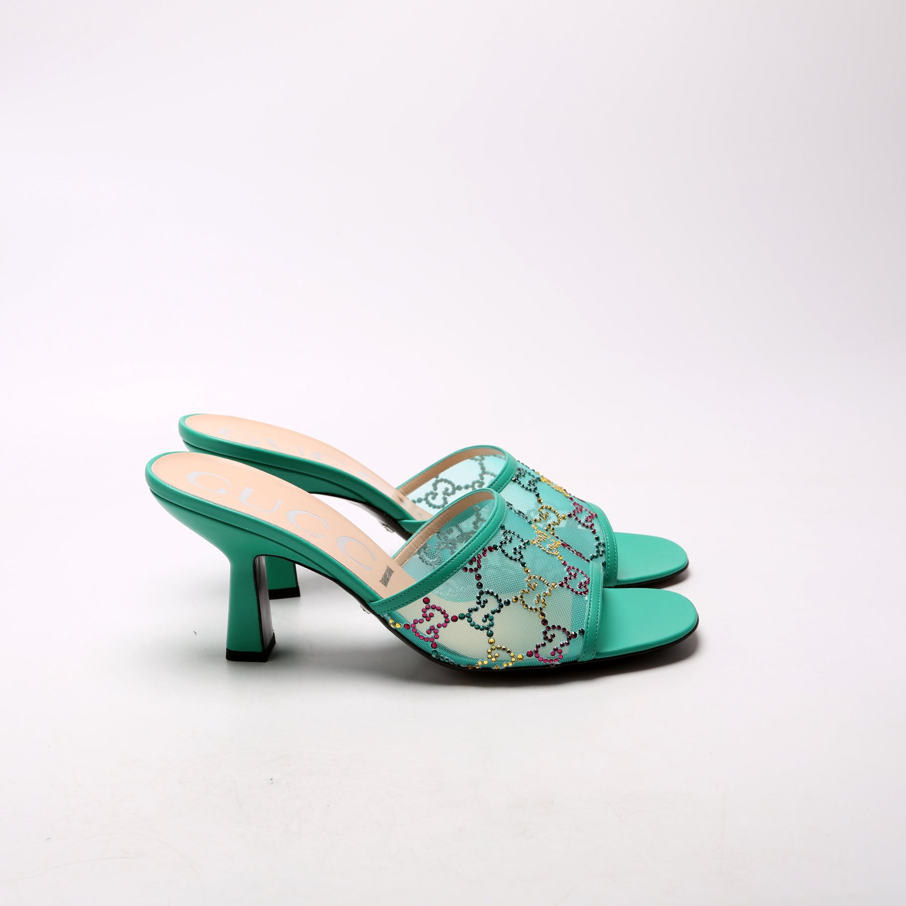 GG Crystal Embellished Sandal Heels Size 39.5 Teal